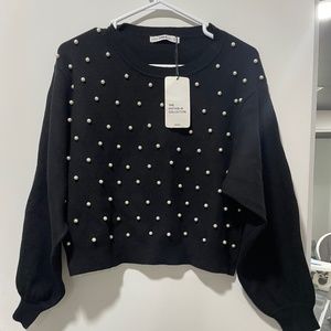 Zara black knit sweat pearls